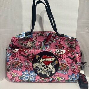 Ed Hardy Large Nylon Tote Bag/Travel Bag Love Kills Slowly in PINK Print NEW!